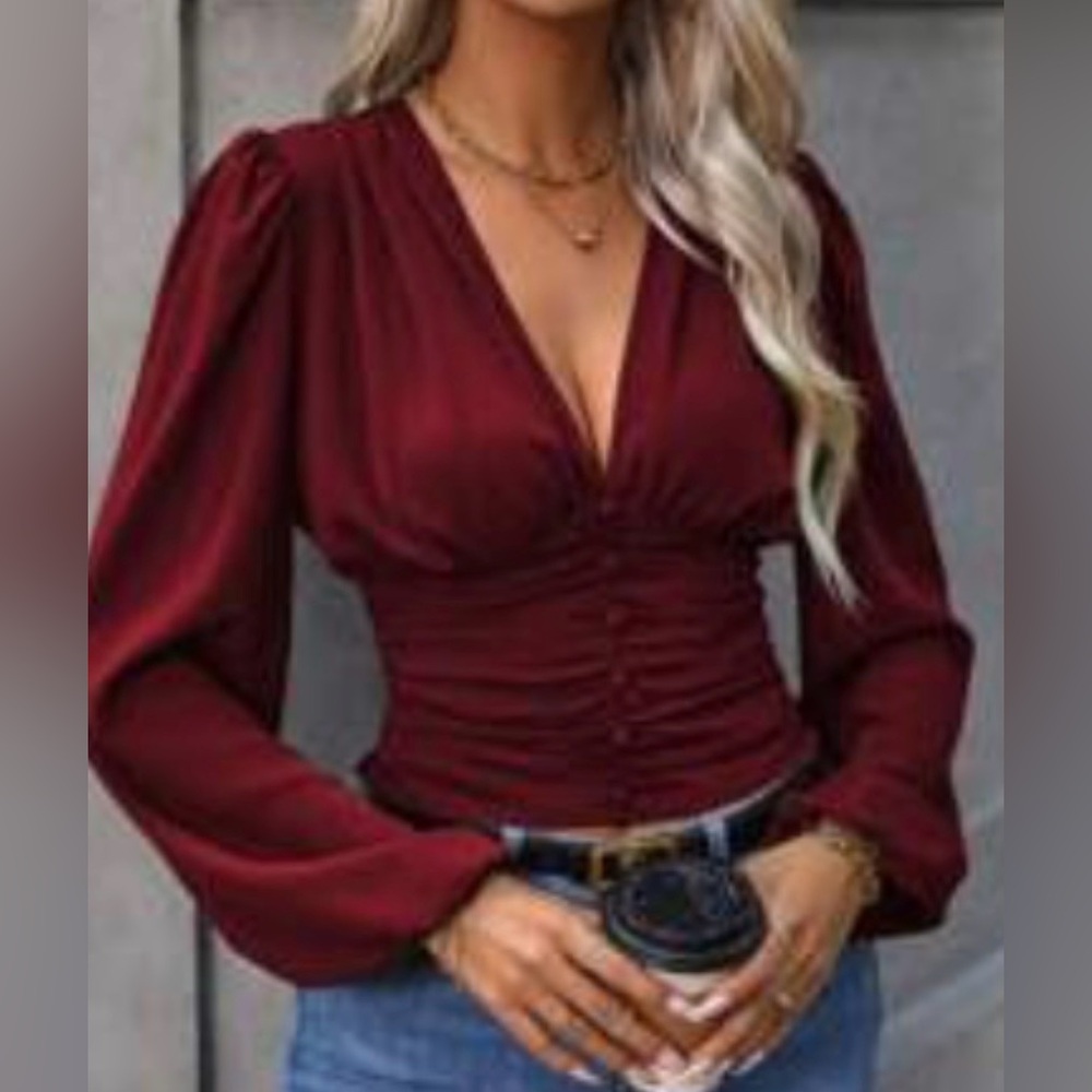 SHEIN Deep Red Ruched V-Neck Blouse